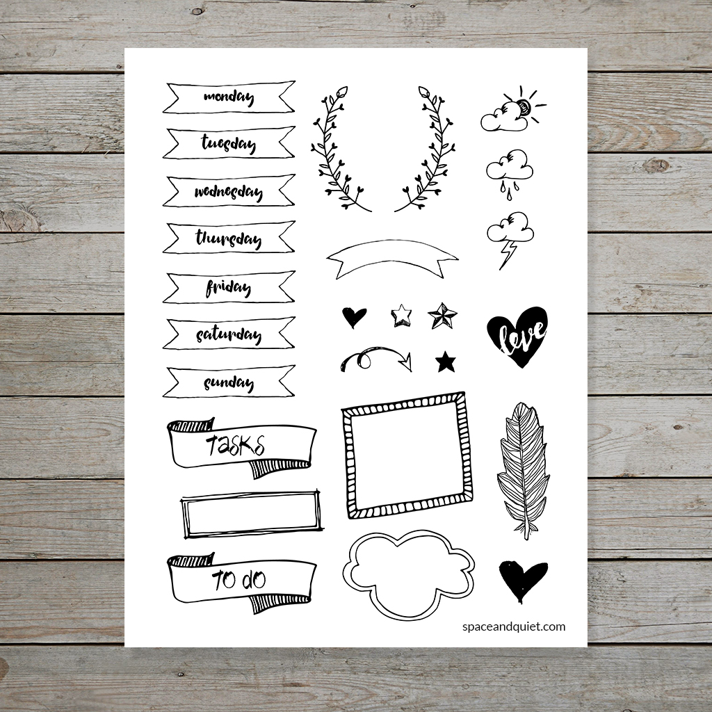 Free Bullet Journal printable hand drawn banners and doodles