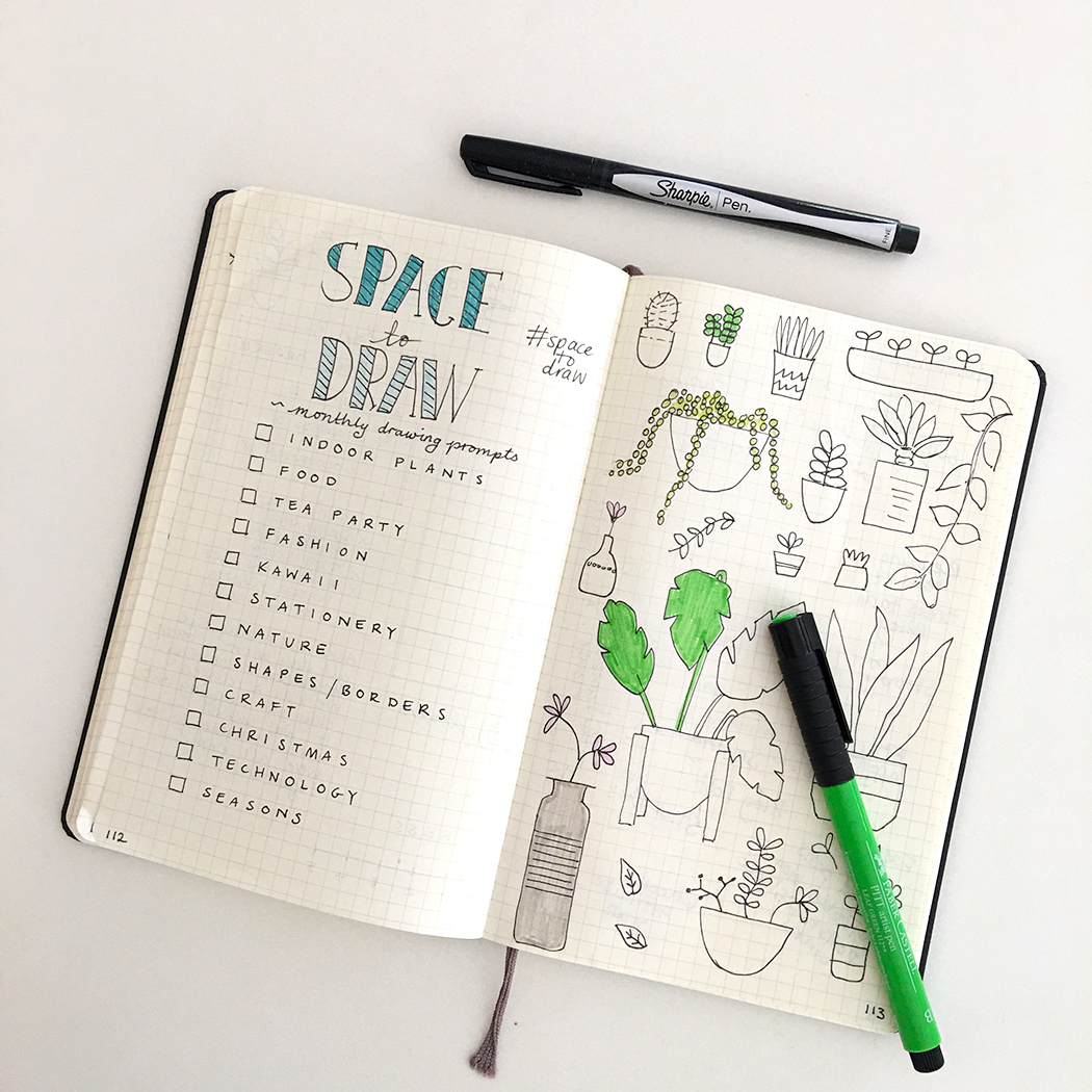 Monthly drawing prompts for Bullet Journaling