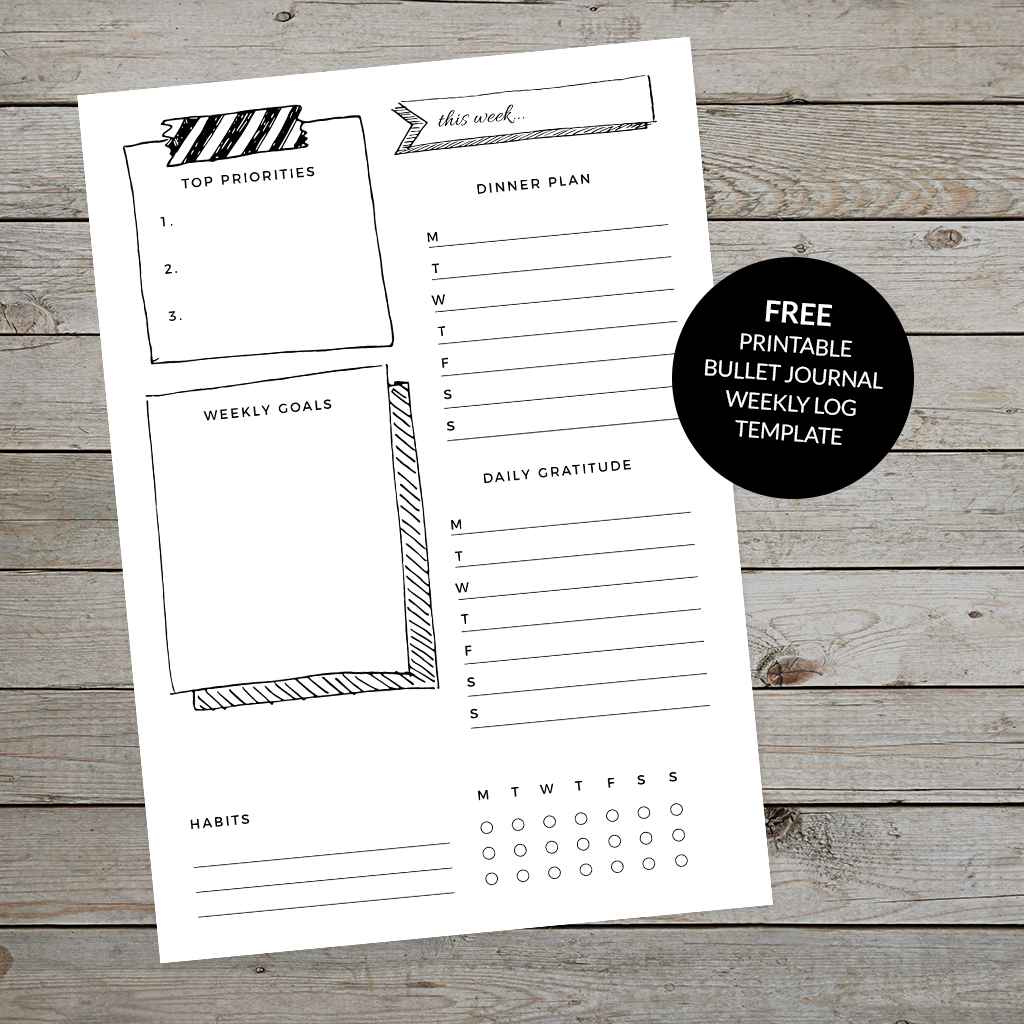 Black and white bullet journal weekly log template
