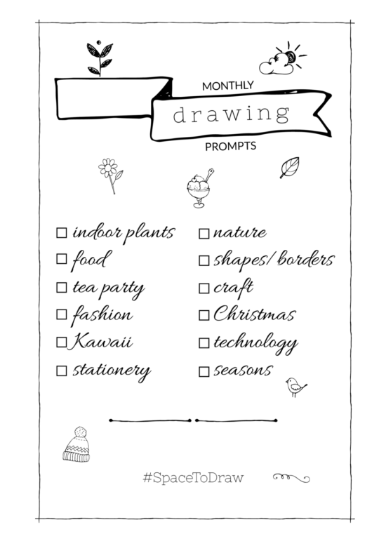 Monthly drawing prompts for Bullet Journaling - free printable