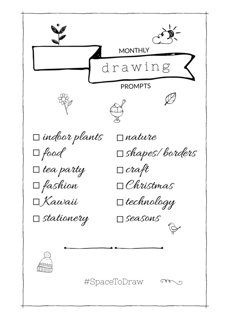 Monthly drawing prompts for Bullet Journaling free printable