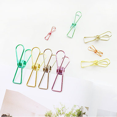 Coloured fishtail shaped binder clips attached to notebook