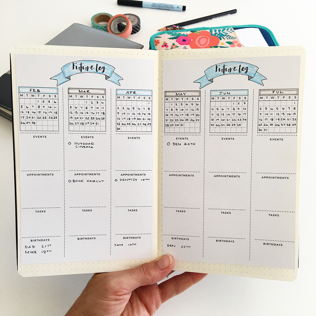 Hand holding bullet journal showing future log pages