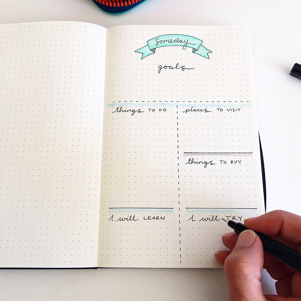 Writing on a bullet journal Someday Log page
