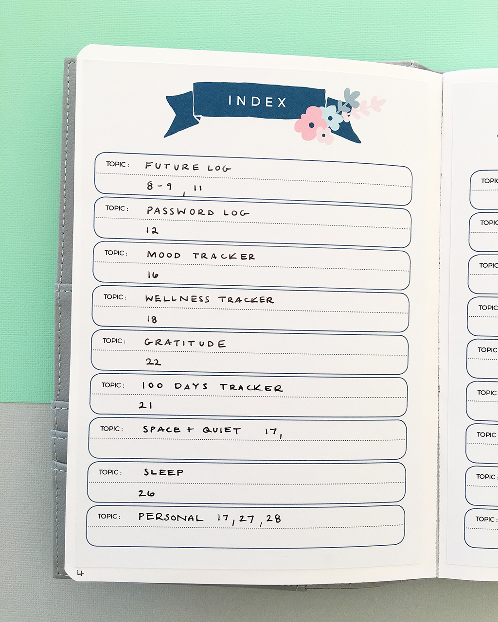 Index in my new bullet journal notebook