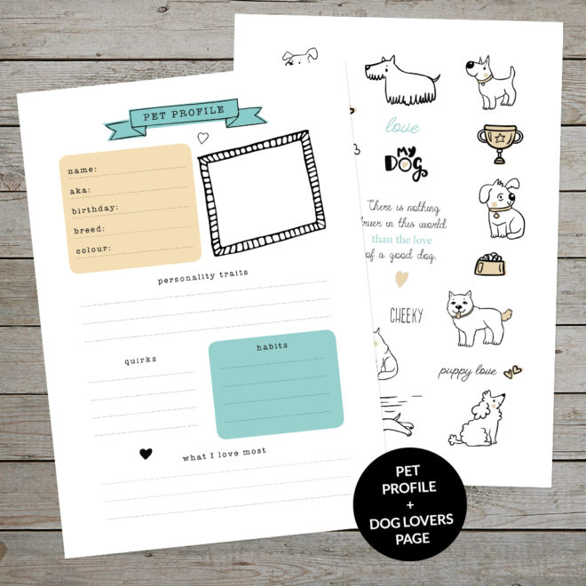 Printable Pet Profile Journal Pages and Cute Dog Lover Stickers