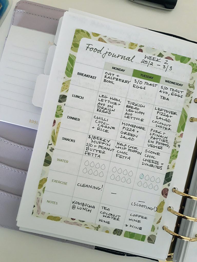 Left hand side page of printable food log insert in ring-bound planner