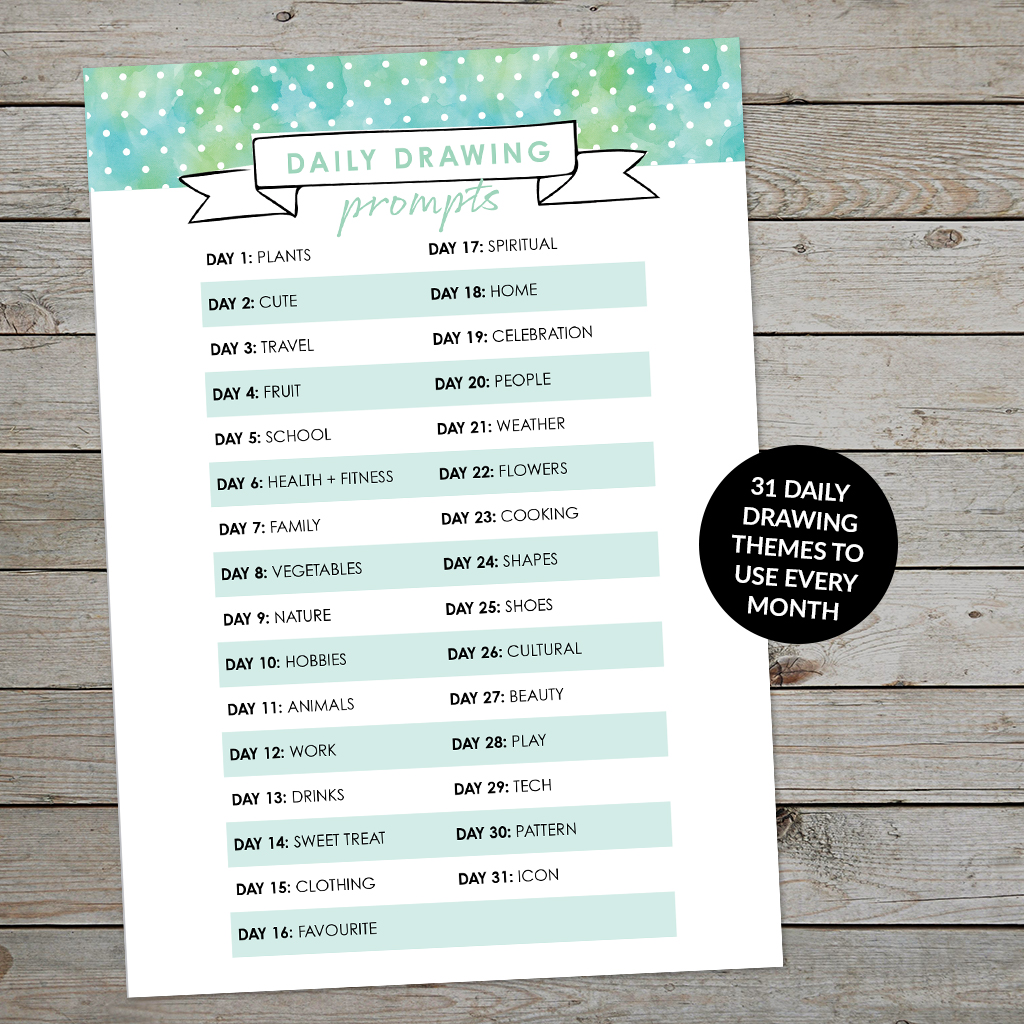 Planner Insert with List of 31 daily drawing prompts on wooden background