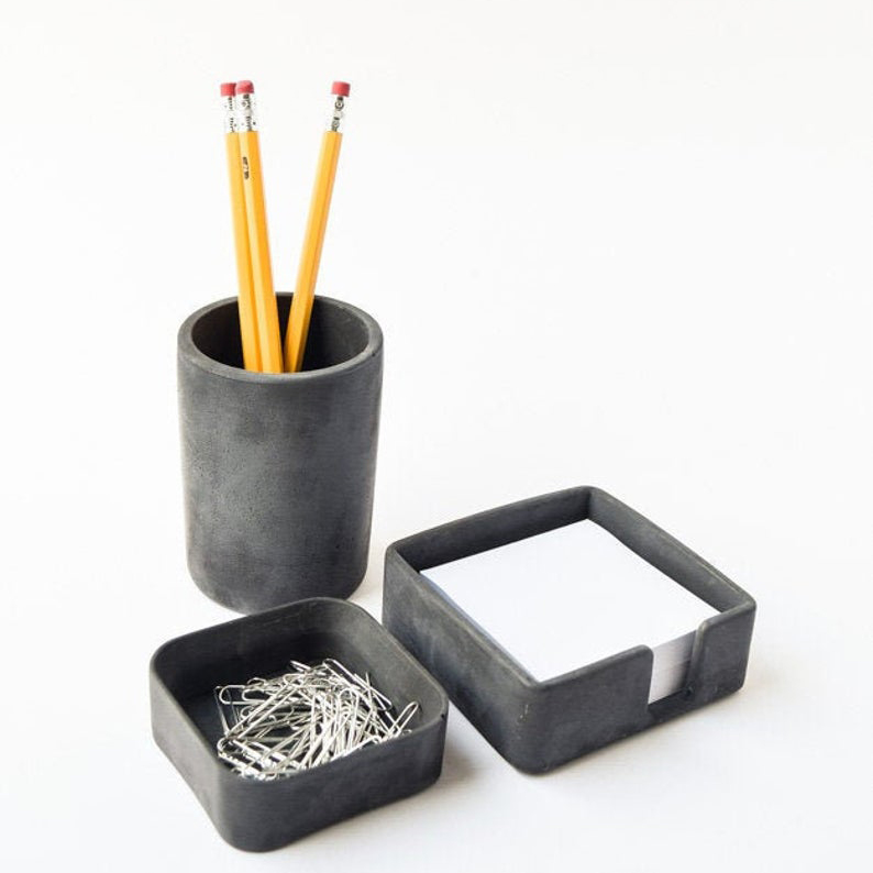 Grey concrete desk accessories set - pencil cup and trays