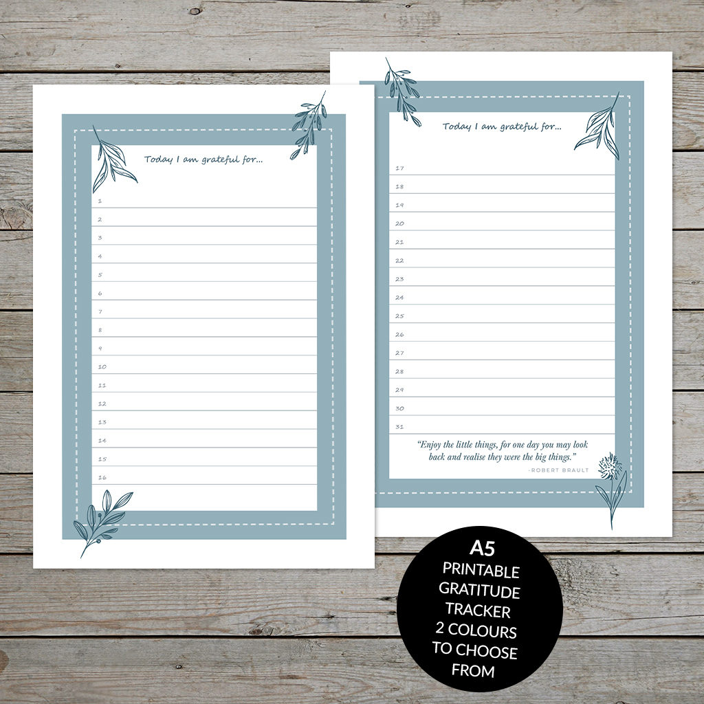 Blue, floral printable gratitude journal pages on wooden background