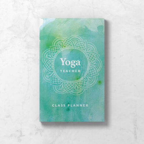 Front cover of the Yoga Teacher Class Planner in watercolor aqua with a mandala design.