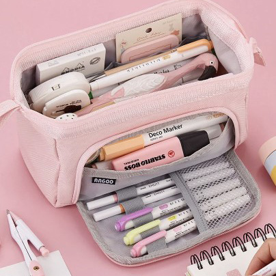 Large Pink Pen Case filled with pens and stationery