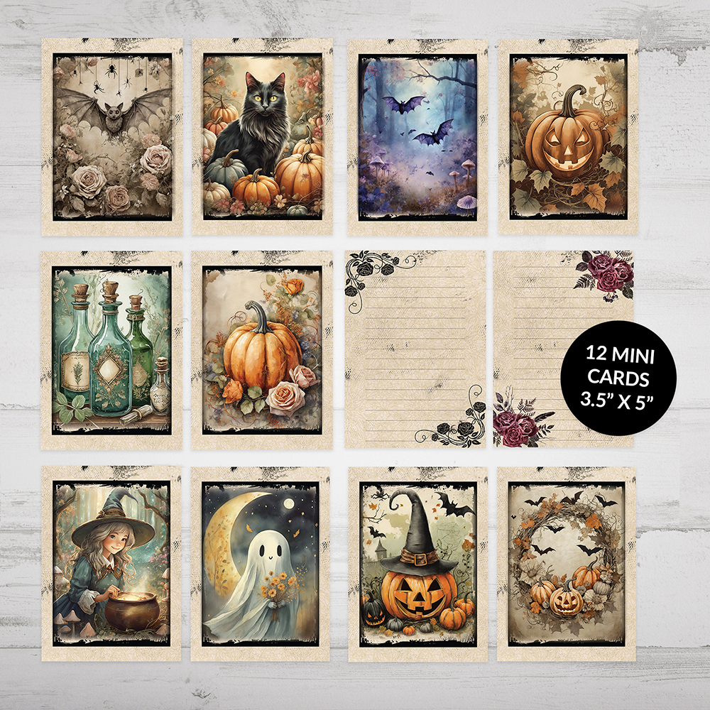 12 mini card desgins, featuring Halloween themed desgins, that are part of the printable Junk Journal Kit.