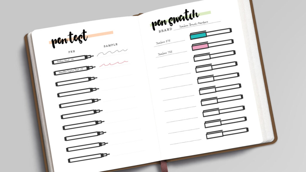 Pen Test and Colour Swatch Templates inside open journal