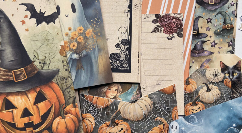 Assorted journal pages and ephemera printed out from the Halloween Junk Journal Kit