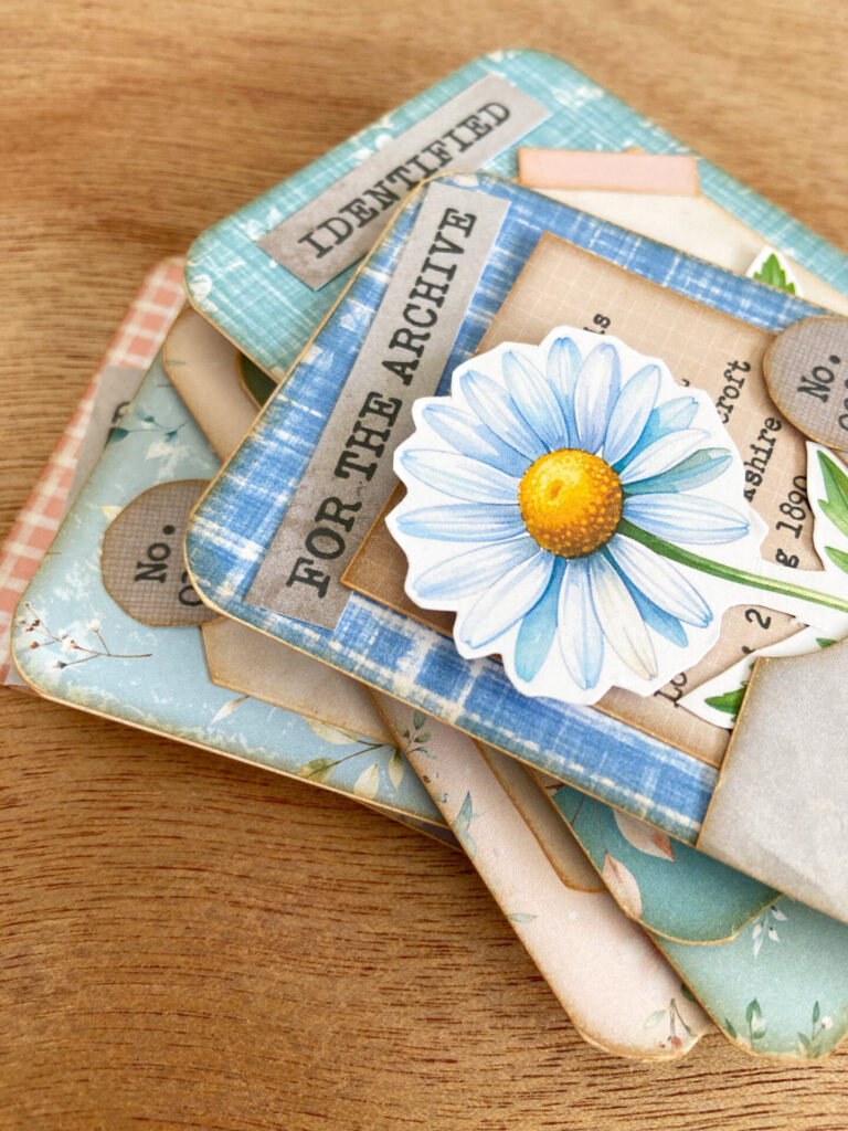 Stack of assembled junk journal flower specimen cards