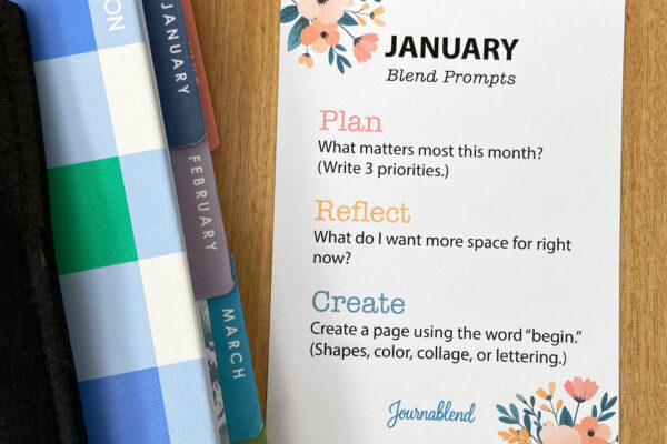 January Blend Prompt Card, printed, featuring three journaling prompts for planning, reflection, and creativity.