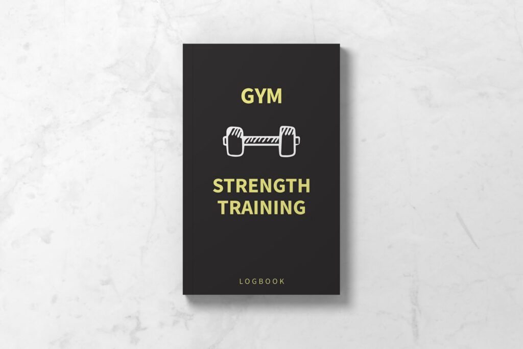 Front cover of Gym Journal for Strength Training, with black background, and dumbell illustration.