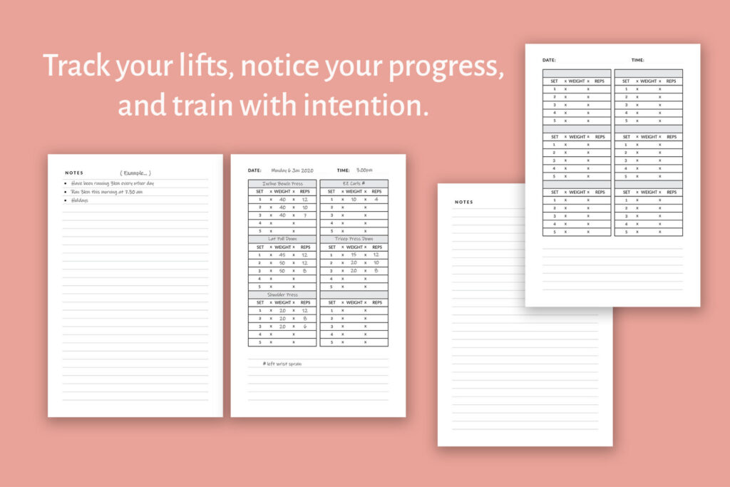 Inside pages of the Gym Journal for strength training