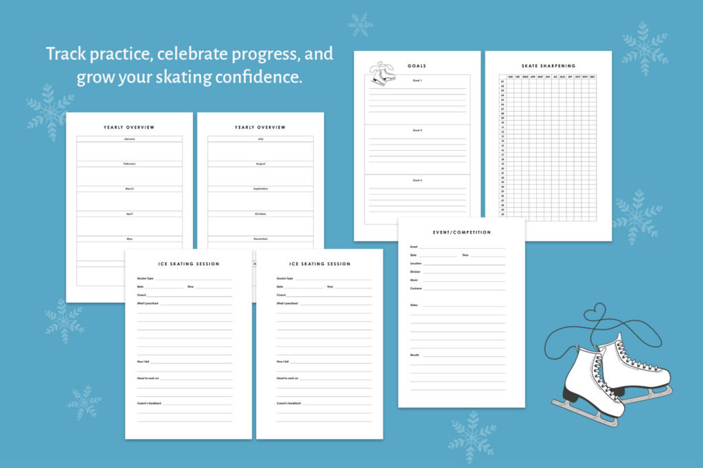 Inside pages from the Synchro Skating Logbook - Yearly overview, Goals, Skate sharpening tracker, practice session log, competition and events log