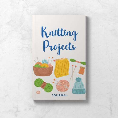 Front cover of Knitting Projects Journal with white background and illustrations of yearn, knitting needles, and tools.
