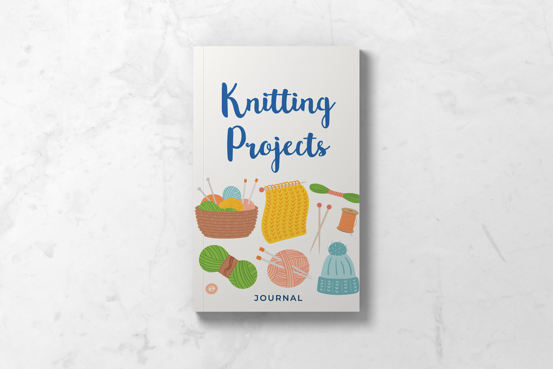 Front cover of Knitting Projects Journal with white background and illustrations of yearn, knitting needles, and tools.