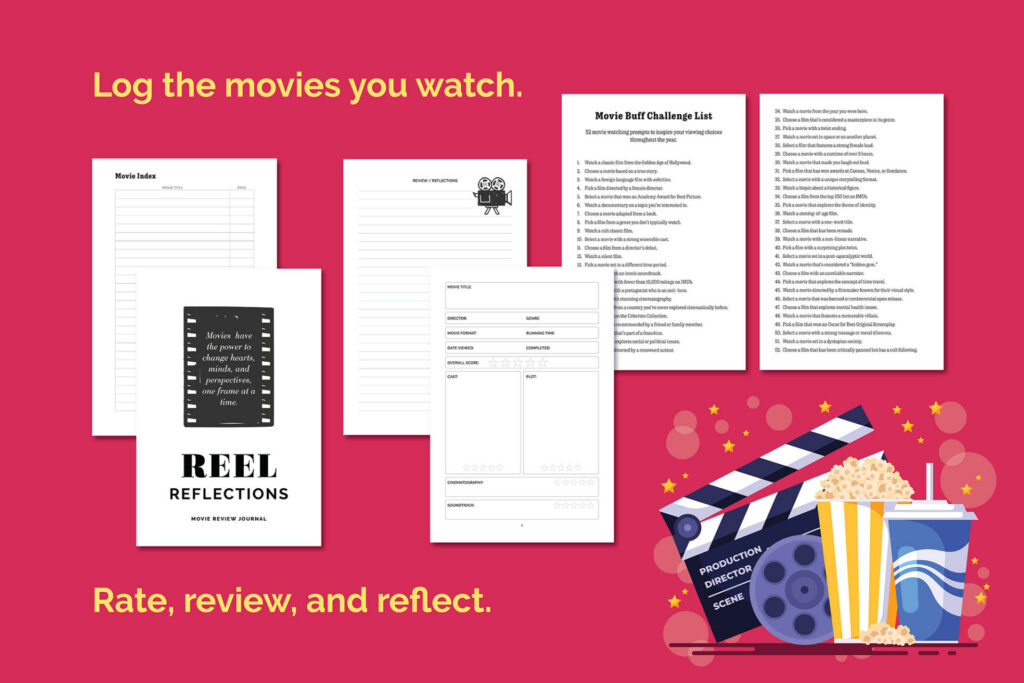 Mockup showing the inside pages of the Reel Reflections Movie Review Journal - index, movie challenge list, and detailed logging pages.