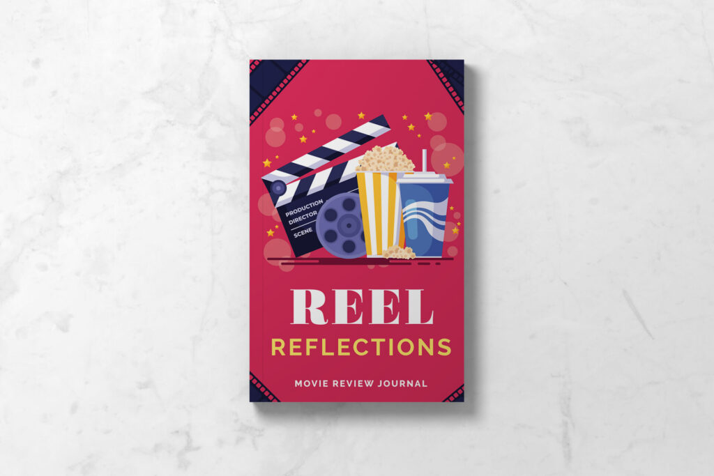 Front Cover of Movie Review Journal with a red background and illustrations of a clapperboard, popcorn and soda.