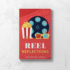 Front cover of Reel Reflections Movie Review Journal with red background, movie reel, and popcorn.
