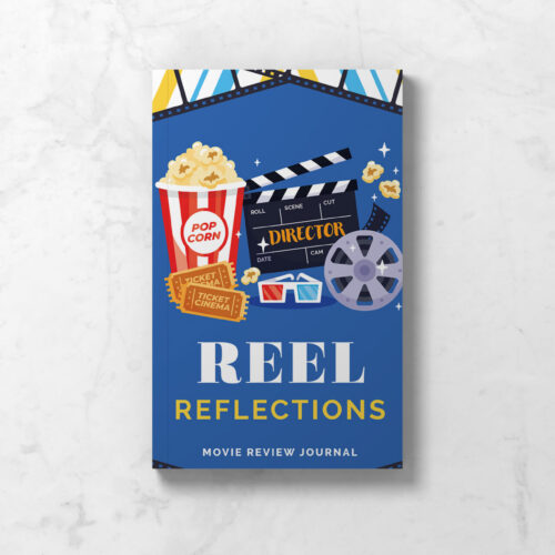 Front Cover of Movie Review Journal with a blue background and illustrations of a clapperboard, popcorn and movie tickets.