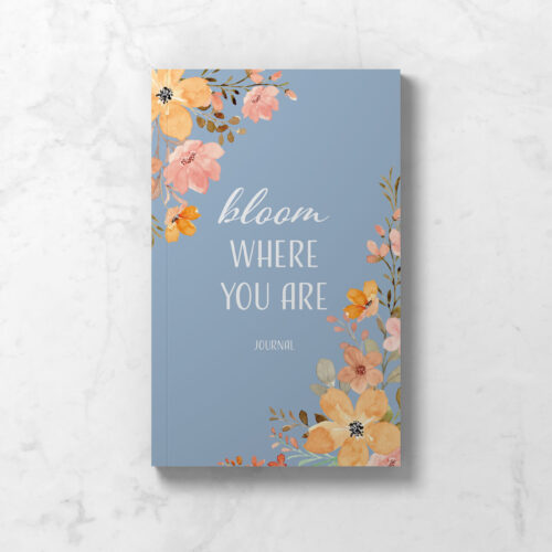 Perimenopause journal showing front cover in light blue with delicate floral design and the words Bloom Where You Are.