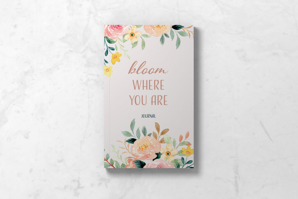 Perimenopause journal showing front cover in pale peach with delicate floral design and the words Bloom Where You Are.
