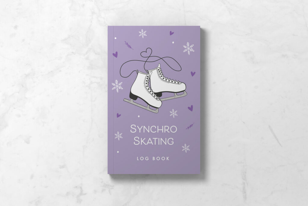Front cover of Synchro Ice Skating Logbook - purple with white ice skates, hearts and snowflakes.