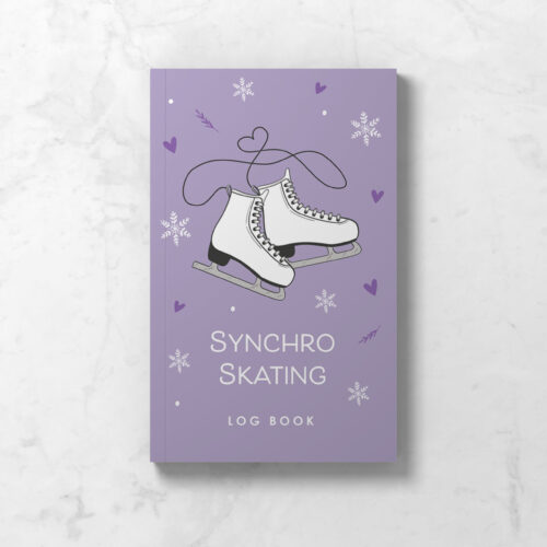 Front cover of Synchro Ice Skating Logbook - purple with white ice skates, hearts and snowflakes.