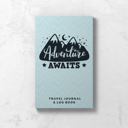 Travel Journal Logbook front cover featuring blue background, simple mountains, and the words Adventure Awaits.