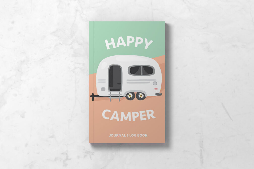 Happy Camper Travel Journal & Logbook front cover, with vintage caravan graphic.