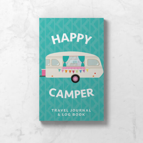 Travel Journal & Logbook front cover with an aqua background, cute vintage caravan and the words Happy Camper