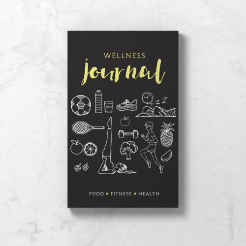Wellness Journal Notebook showing a black cover with white fitness icons.