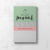 Front cover of Wellness Journal with with an apple shaped icon on a background featuring pale green, pale pink, and geometric patterns.