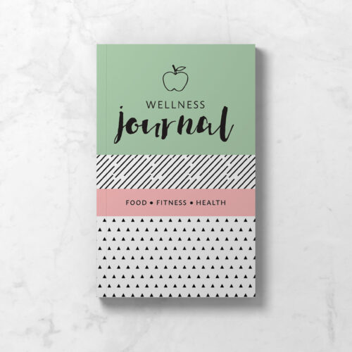 Front cover of Wellness Journal with with an apple shaped icon on a background featuring pale green, pale pink, and geometric patterns.