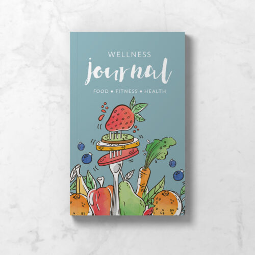 Wellness Journal Notebook front cover featuring food on a fork illustration on blue background.