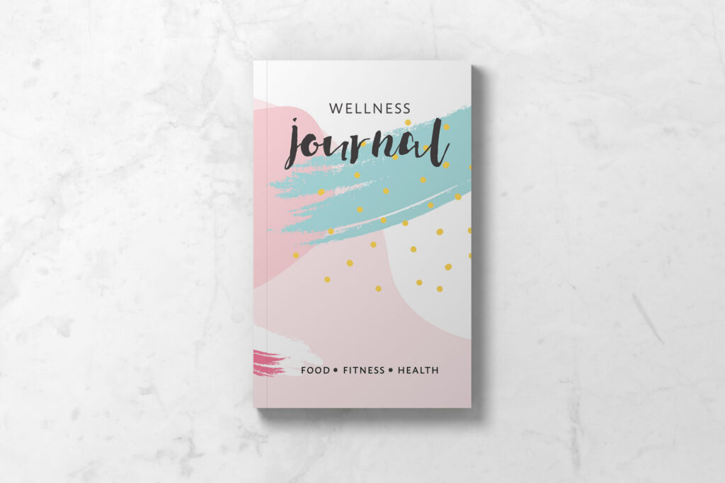 Wellness journal front cover featuring pink and blue paint splashes