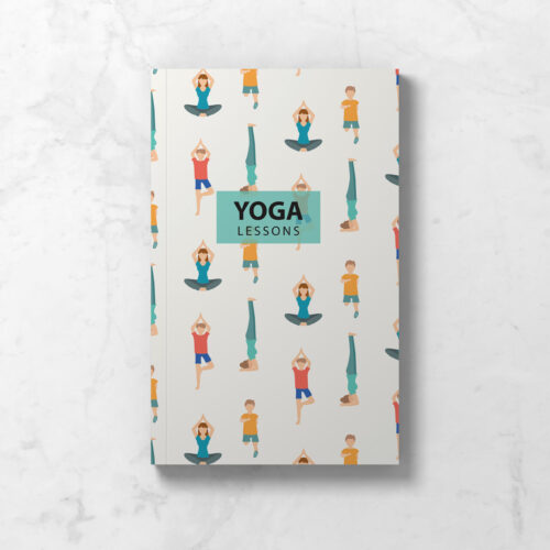 Yoga Teacher Class Planner Notebook featuring a front cover with neutral background and mini yoga postures.