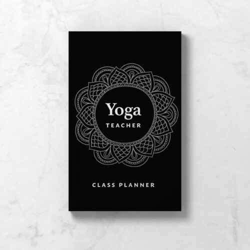 Yoga Teacher Class Planner Notebook featuring a black cover with mandala inspired design.