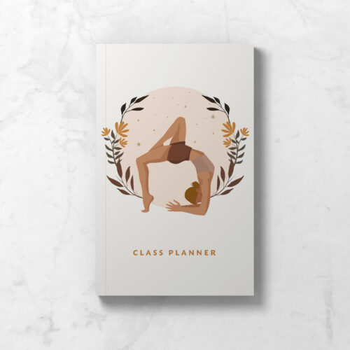 Yoga Teacher Class Planner Notebook featuring a neutral cover with woman in yoga posture illustration.