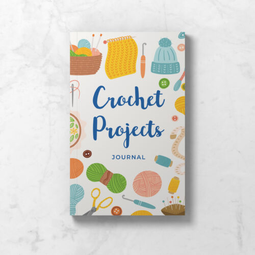 journal front cover featuring a white background with yarn & tools surrounding the wording: Crochet Projects Journal