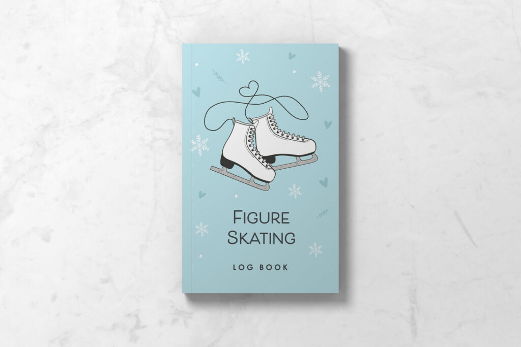 Figure Skating Logbook front cover with cute ice skates, hearts, and snowflakes.