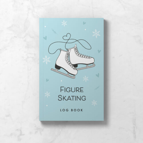 Figure Skating Logbook front cover with cute ice skates, hearts, and snowflakes.