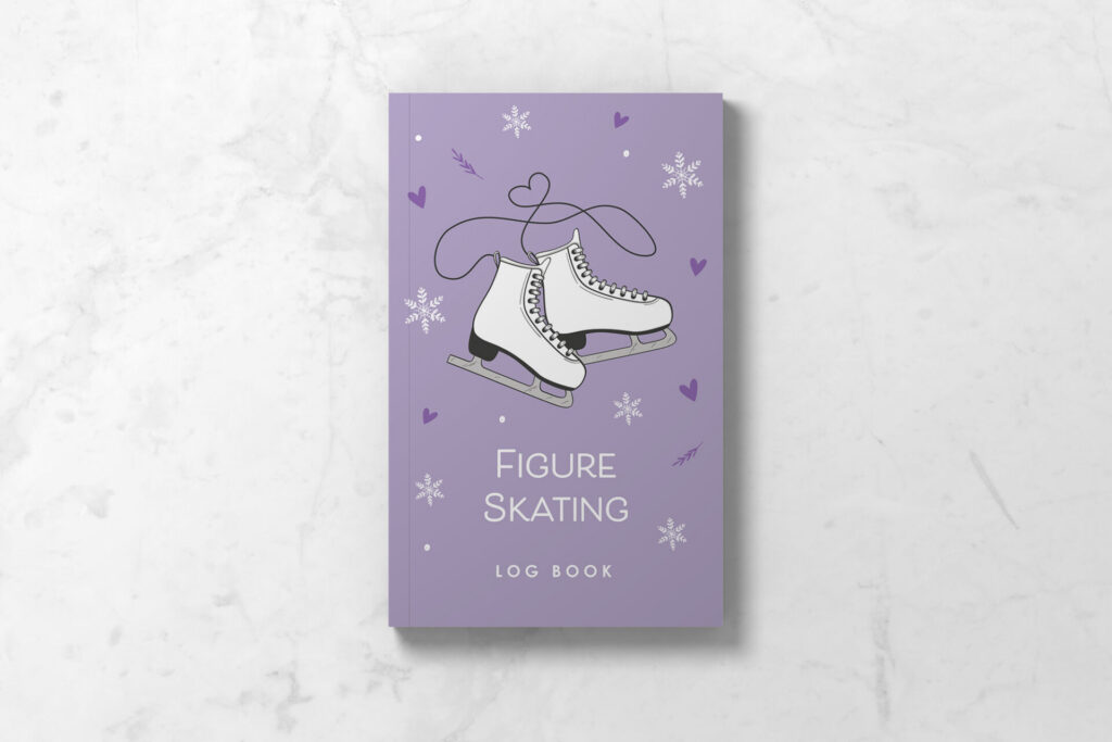 Figure Skating Logbook front cover in purple with cute ice skates, hearts, and snowflakes.