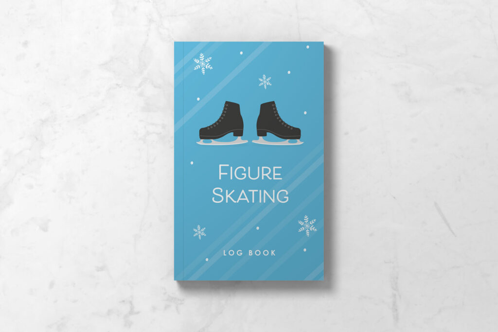 Front cover of Figure Skating Logbook in blue with snowflakes and black ice skates.